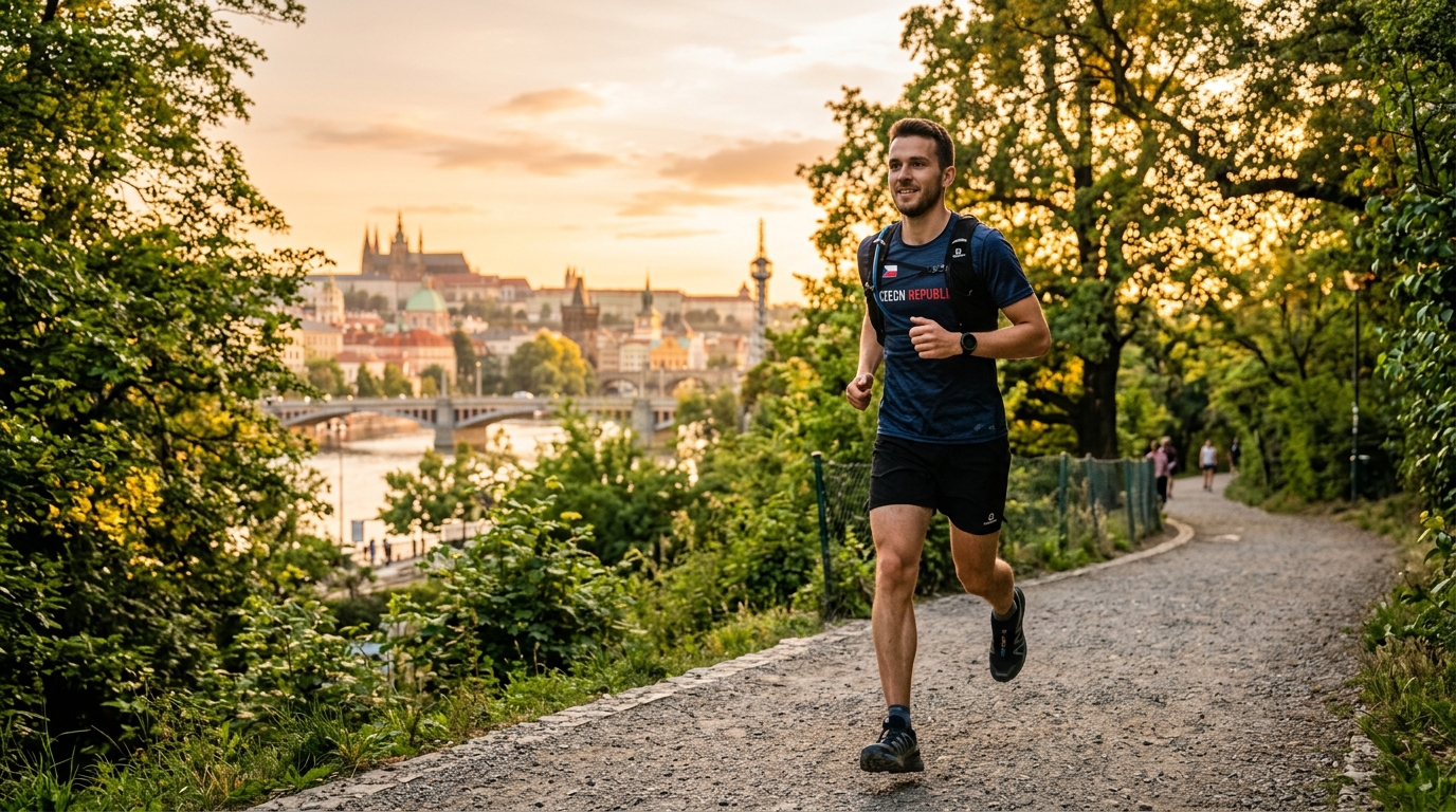Muž běžící po cestě v parku za svítání